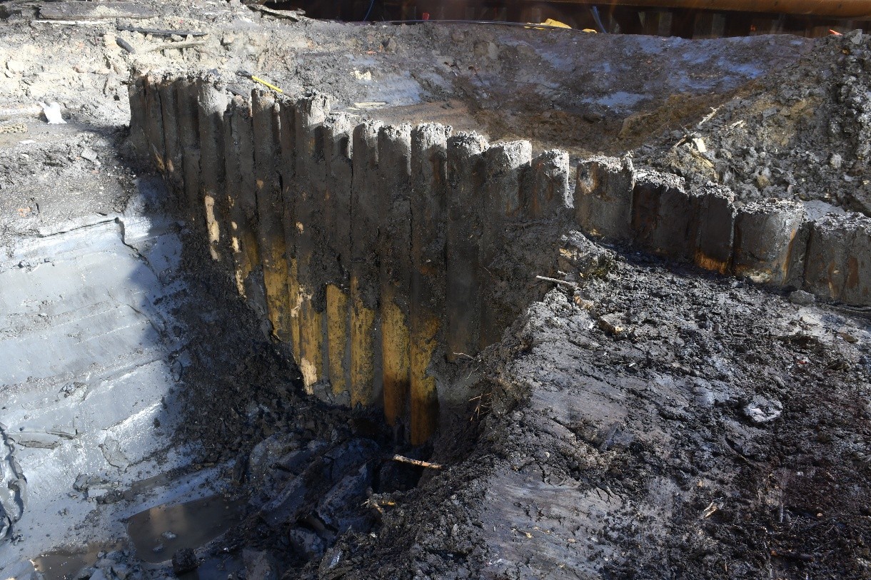 En liten bit av palisadeanlegget. Spissede tømmerstokker er slått ned i sjøbunnen, tett i tett. Bilde: Norsk Maritimt Museum.